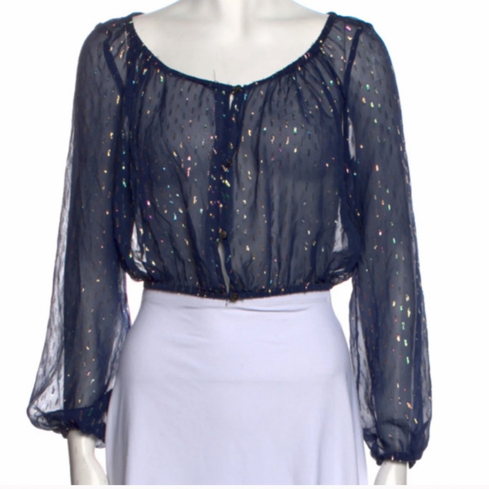 LoveShackFancy Rare Navy Blue Sheer Button Up Top